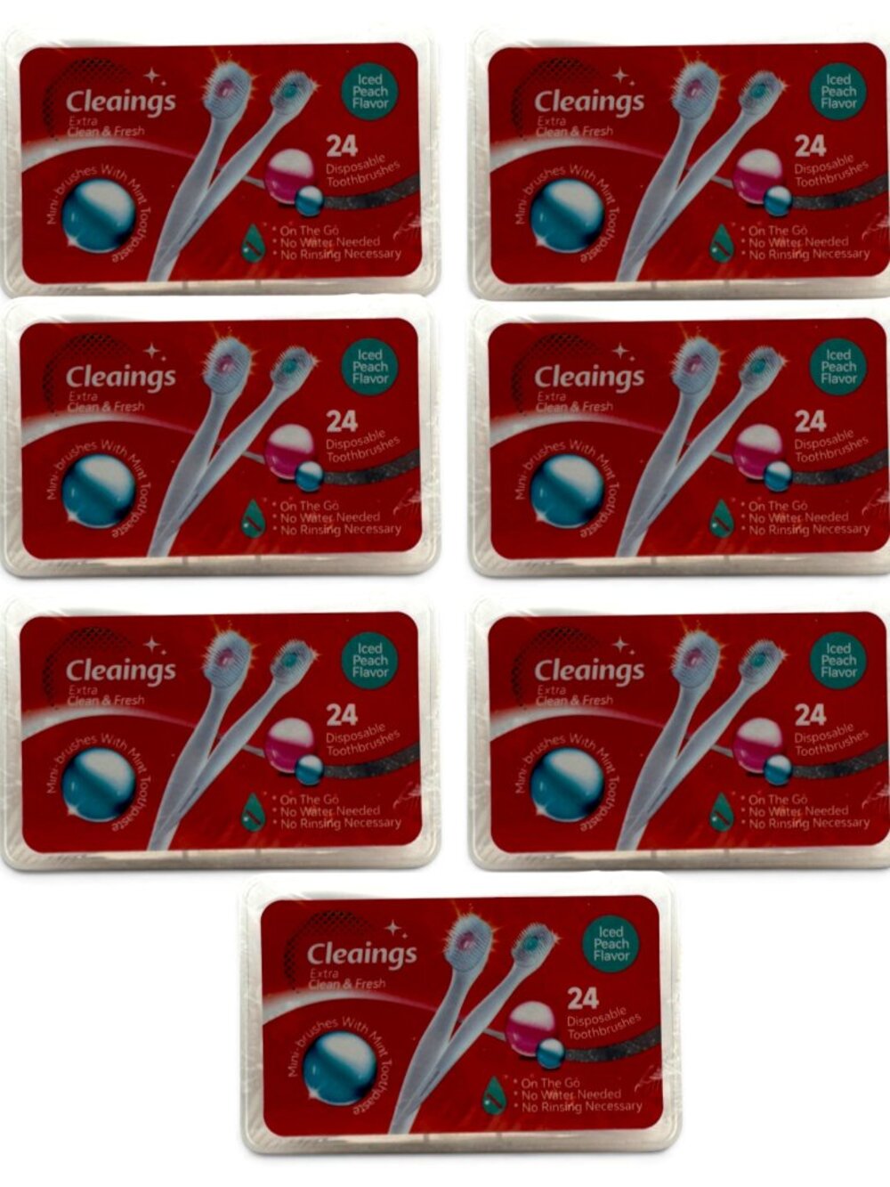 7 Pack Cleaings Disposable Mini Brushes with Mint Toothpaste 24ct ea -Iced Peach